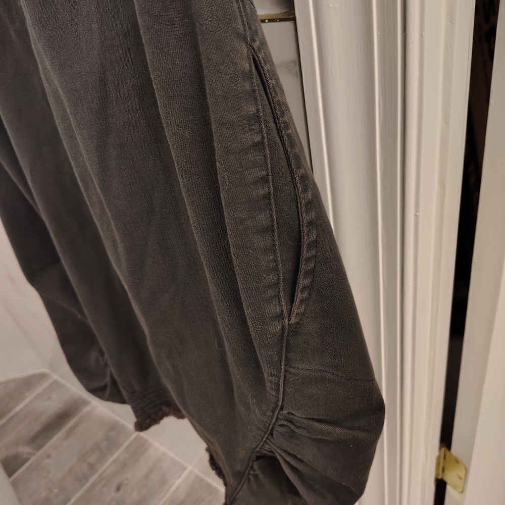 Prairie Underground dark Denim Distressed Trim Long Open Jacket - Picture 12 of 15
